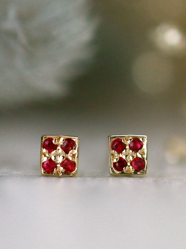 Natural Ruby Square Solid 14 Karat Gold Earrings