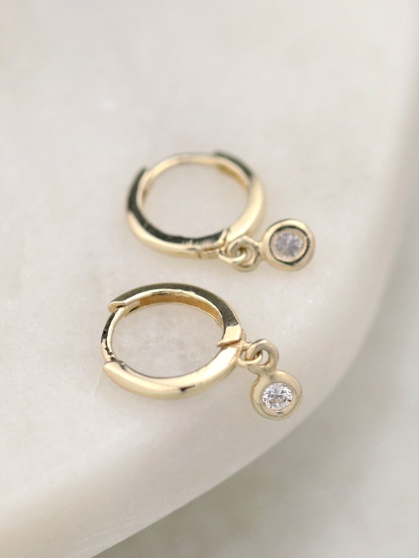 Petite Diamond Bezel Shaky Solid 14K Gold Huggie Earrings
