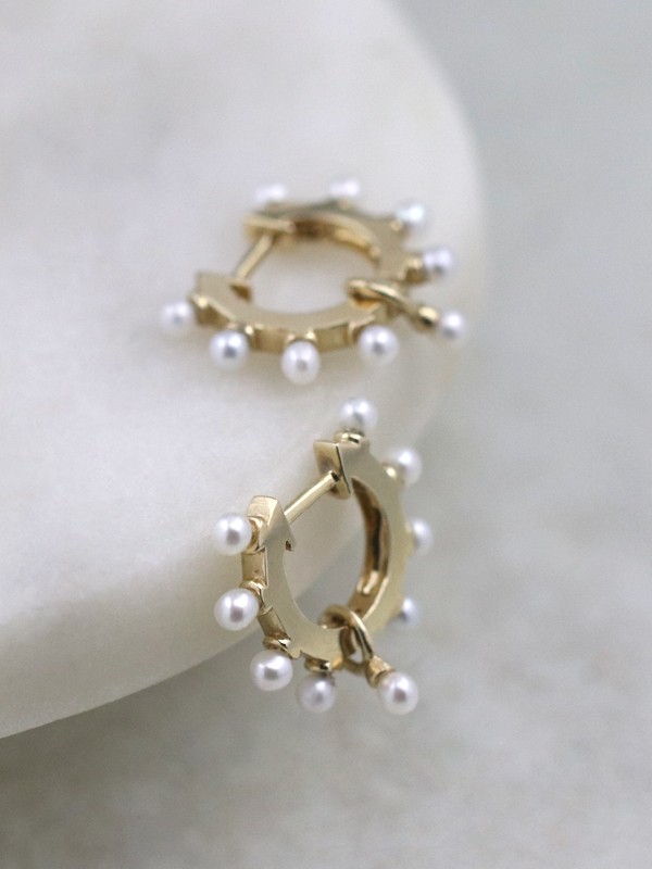 Baby Pearl Studded Solid 14 Karat Gold Hoop Earrings