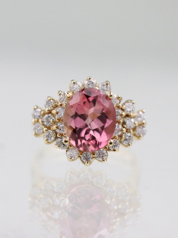 3.72ct Coral Pink Tourmaline Diamond 14K Gold Cluster Ring
