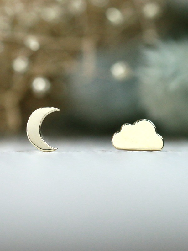 Celestial Moon and Cloud Solid 14 Karat Gold Mix Match Earrings