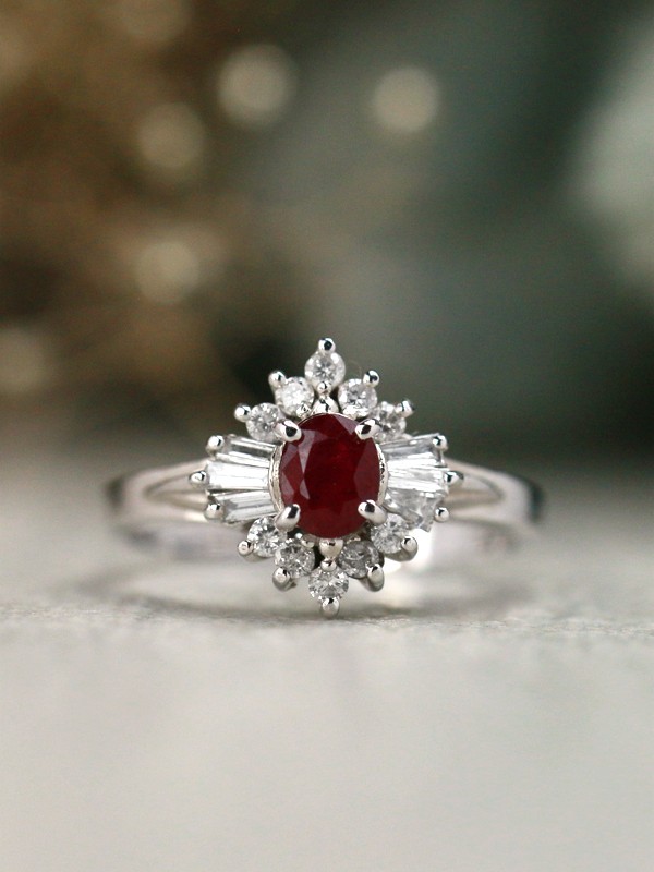 Natural Ruby Round and Baguette Diamond Ballenia Solid 14 Karat Gold Engagement Ring