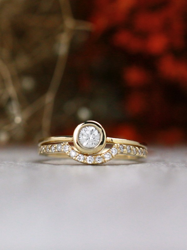 SET: Diamond Curved Matching Band + 0.20CT Diamond Solitaire Solid 14 Karat Gold Engagement Ring