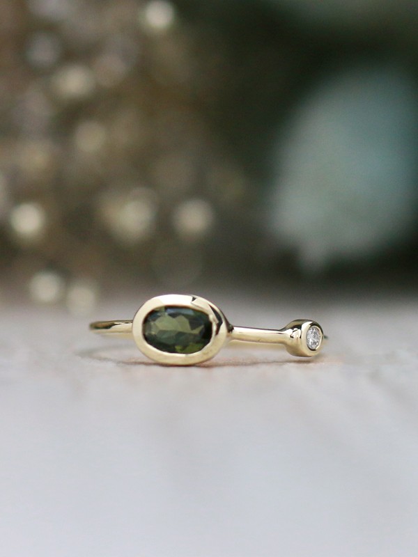 Olive Green Tourmaline and Diamond Bezel October Birthstone Solid 14 Karat Gold Ring