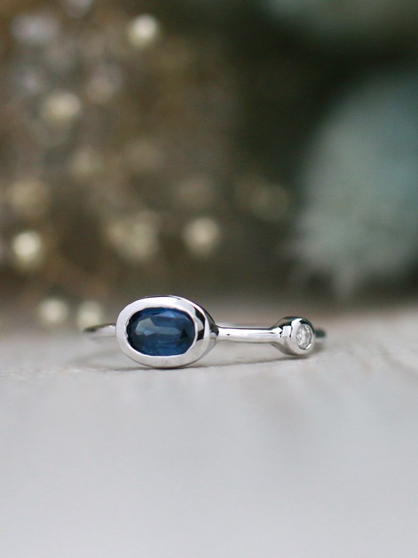 Blue Sapphire and Diamond Bezel September Birthstone Ring