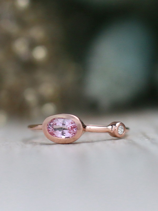 Natural Pink Sapphire and Diamond Bezel September Birthstone Solid 14 Karat Gold Ring