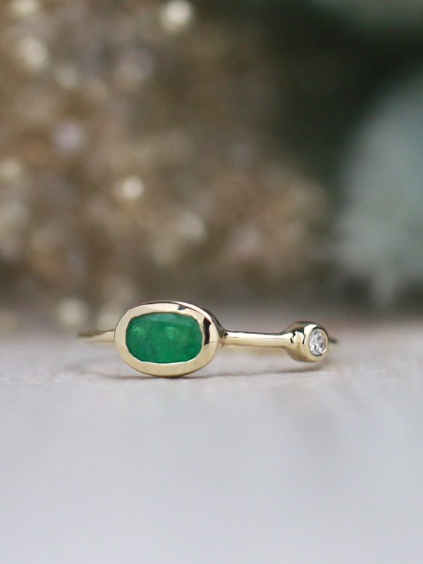 Natural Emerald and Diamond Bezel May Birthstone Solid 14 Karat Gold Ring
