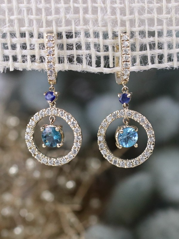 Blue Zircon and Sapphire Dangle Solid 14K Gold Earrings