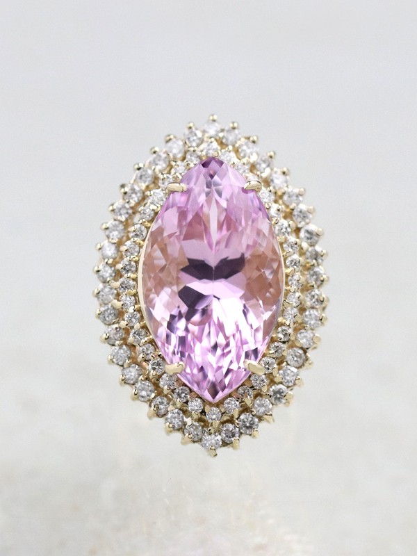 21.28CT Natural Kunzite 1.63CT Diamond Double Halo Cocktail Ring 