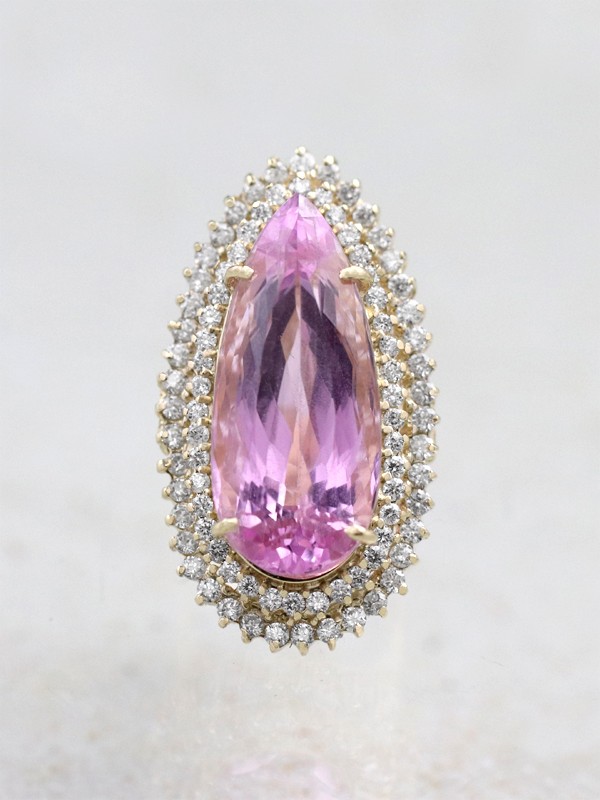 22.99CT Natural Kunzite 2.13CT Diamond Double Halo Cocktail Ring 