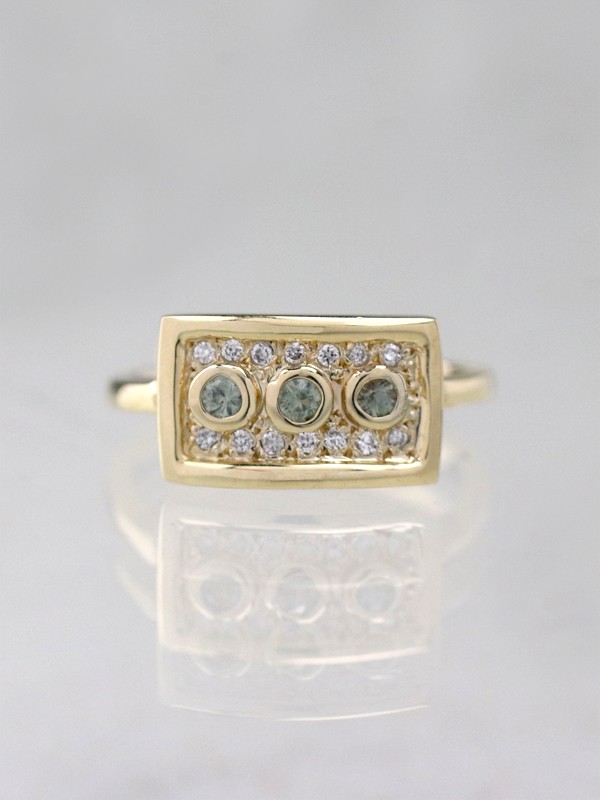 Olive Green Sapphire Bezel Solid 14 Karat Gold Cluster Ring