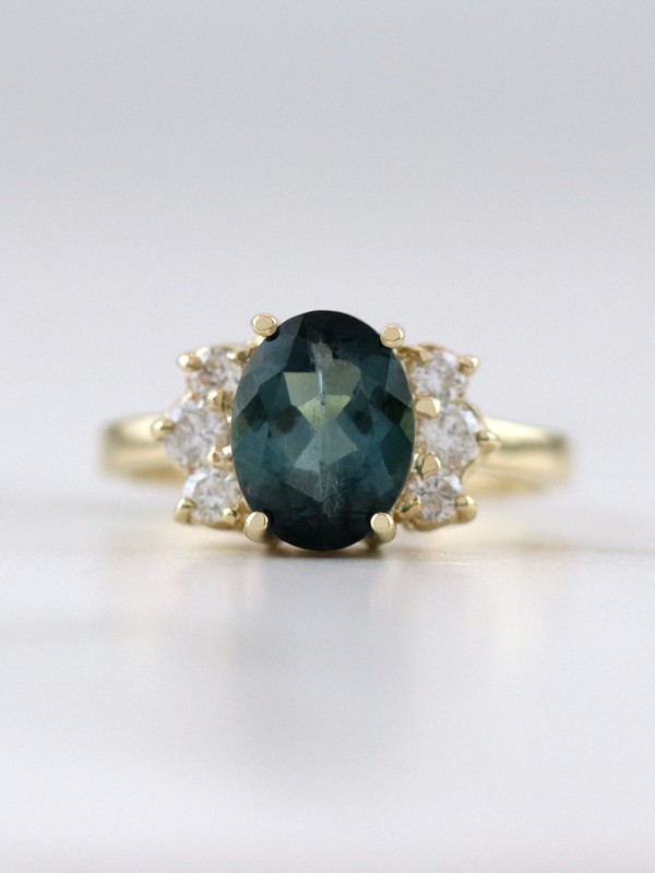 Blue-Grey Lightening Tourmaline and Diamond Solid 14 Karat Gold Ring
