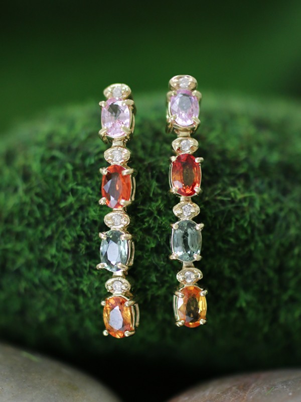 6x4MM Multicolor Sapphire and Diamond Dangle <Prong> Solid 14K Yellow Gold (14KY) Colored Stone Earrings 