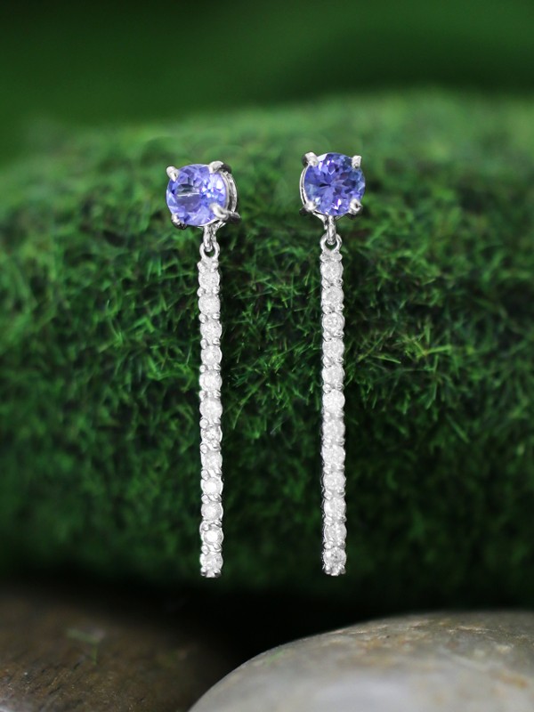 Tanzanite and Diamond Chandelier Dangle <Prong> Solid 14K White Gold (14KW) Colored Stone Drop Earrings 