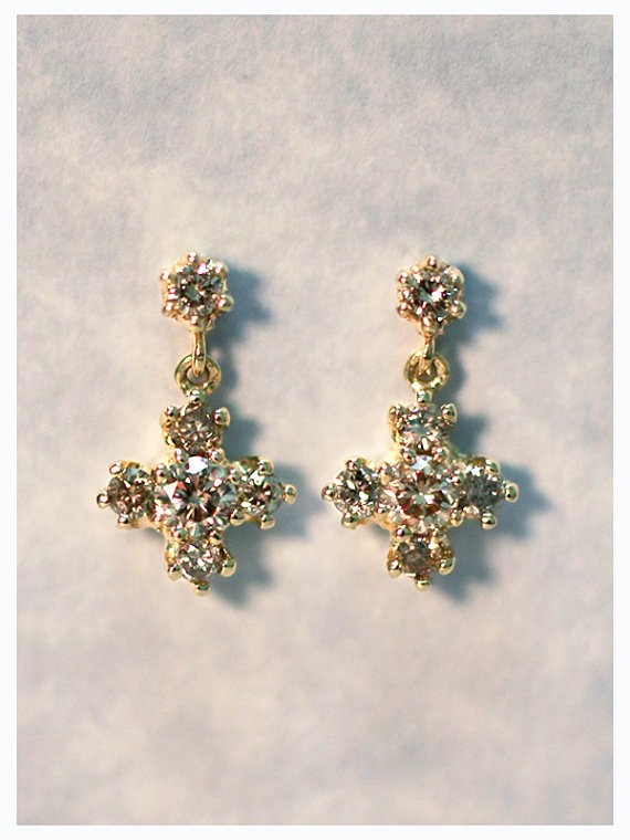 Champagne Diamond Dangle Earrings | Solid 14K Gold | Cross | Diamond Earrings | April Birthstone | Push Back | Fine Jewelry | Free Shipping
