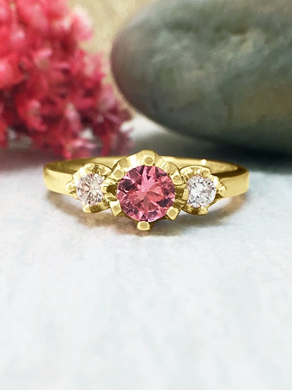 Pink Tourmaline and Diamond Ring | Gemstone Engagement Ring | 5x5MM Tourmaline Ring | Solid 14K Yellow Gold | Fine Jewelry | Free Shipping