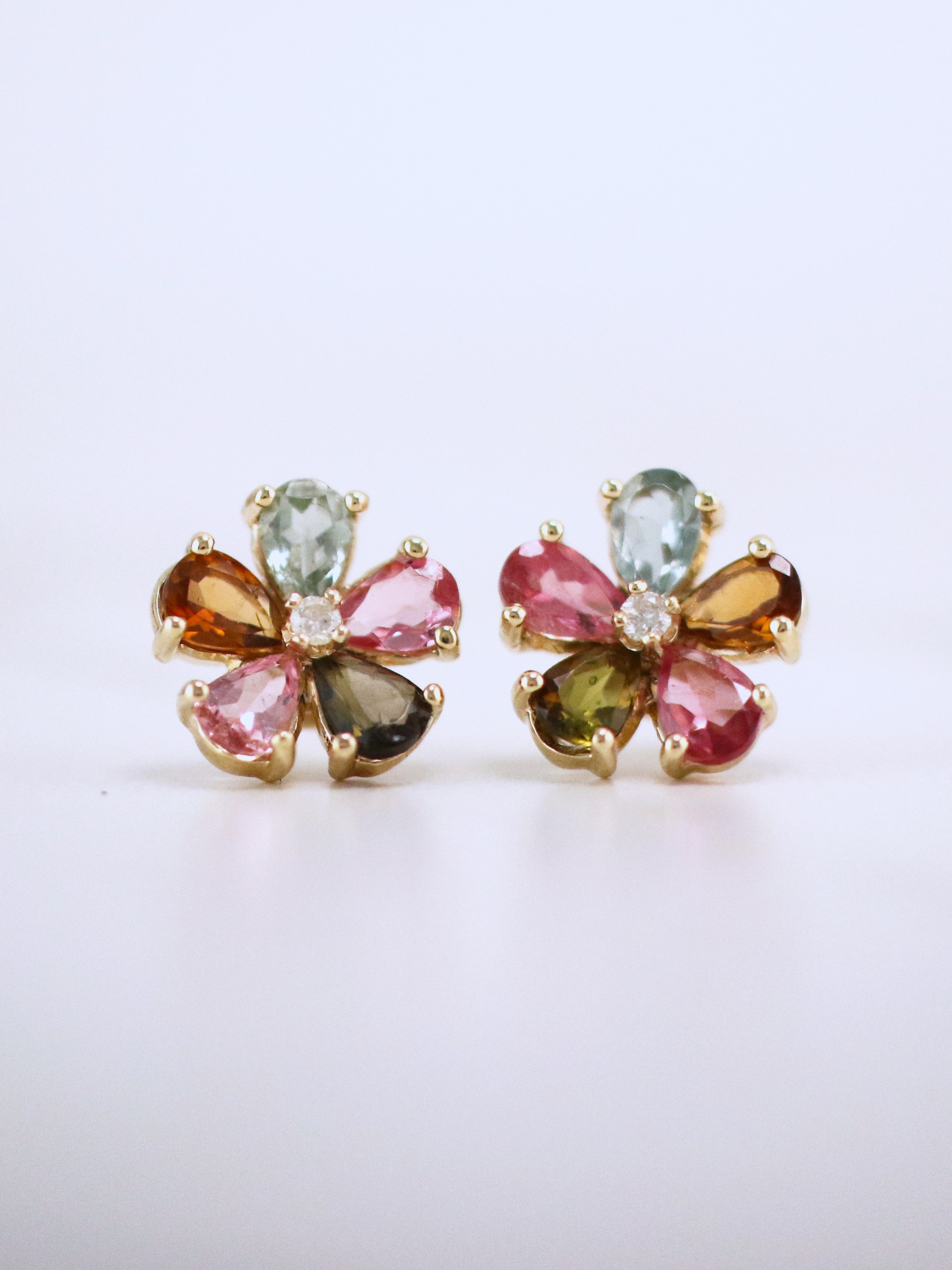 Multicolor Tourmaline and Diamond Flower Stud Earrings 