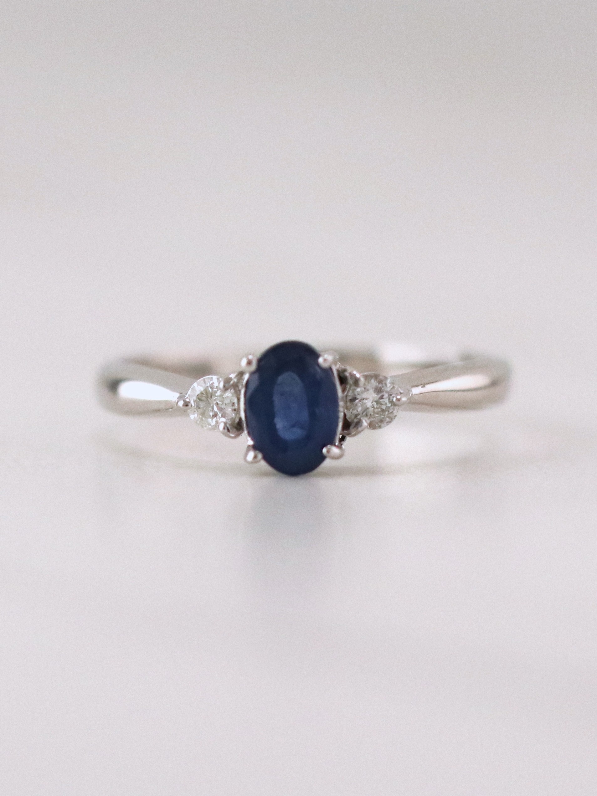 Blue Sapphire and Diamond Engagement Solid 14K White Gold Ring 