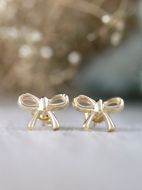 9x12MM Whimsical Ribbon Bow Solid 14K Gold Minimalist Stud Earrings 