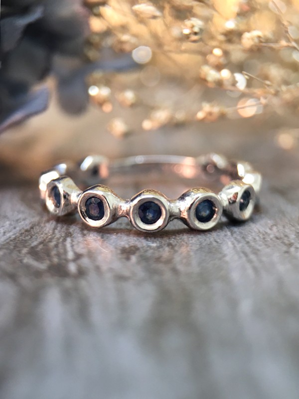 Blue Sapphire Eternity with Sizing Bar Band <Bezel> Solid 14K White Gold (14KW) Colored Stone Stackable Ring 