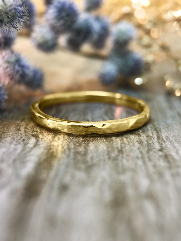 1.9MM Hammered Wedding Band Solid 14K Yellow Gold (14KY) Minimalist Stackable Women's Engagement Ring 