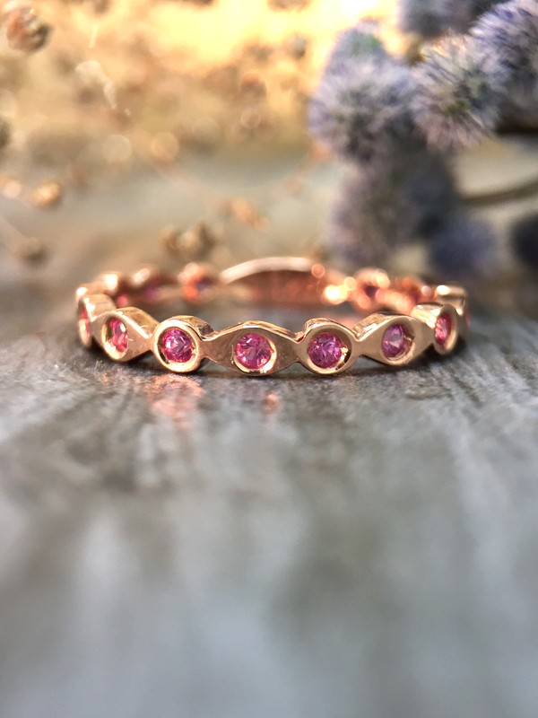 Pink Sapphire Eternity with Sizing Bar Band <Pave> Solid 14K Rose Gold (14KR) Colored Stone Stackable Ring 