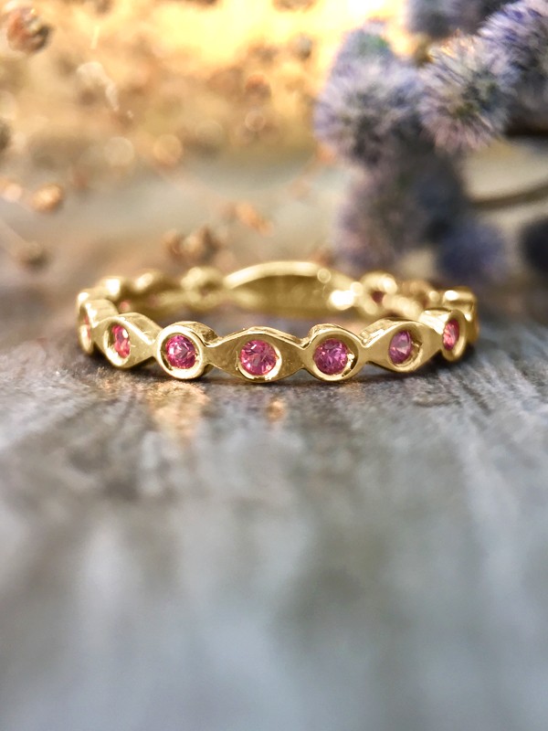 Pink Sapphire Eternity with Sizing Bar Band <Pave> Solid 14K Yellow Gold (14KY) Colored Stone Stackable Ring 