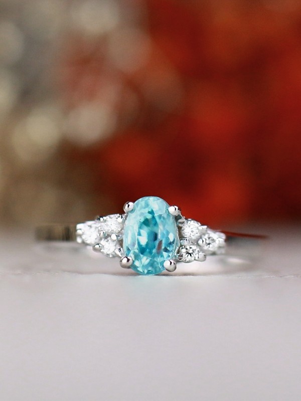6x4MM Blue Zircon and Diamond Engagement <Prong> Solid 14K Gold Colored Stone Wedding Ring