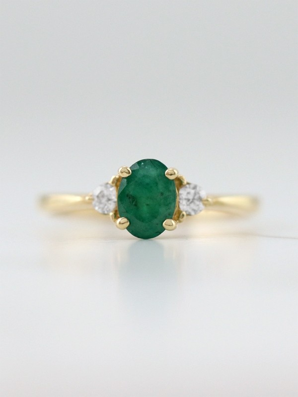 5x7MM Emerald and Diamond Engagement Solid 14K Gold Wedding Ring 
