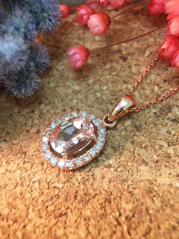 Morganite and Diamond Halo Pendant <Prong> Solid 14K Rose Gold (14KR) with Bonus 14KR Chain Necklace