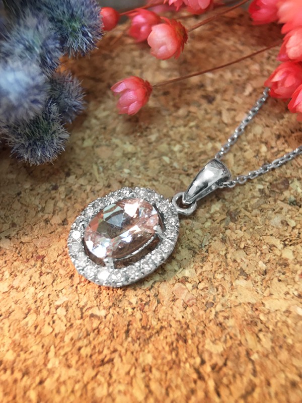 Morganite and Diamond Halo Pendant <Prong> Solid 14K White Gold (14KW) with Bonus 14KW Chain Necklace 