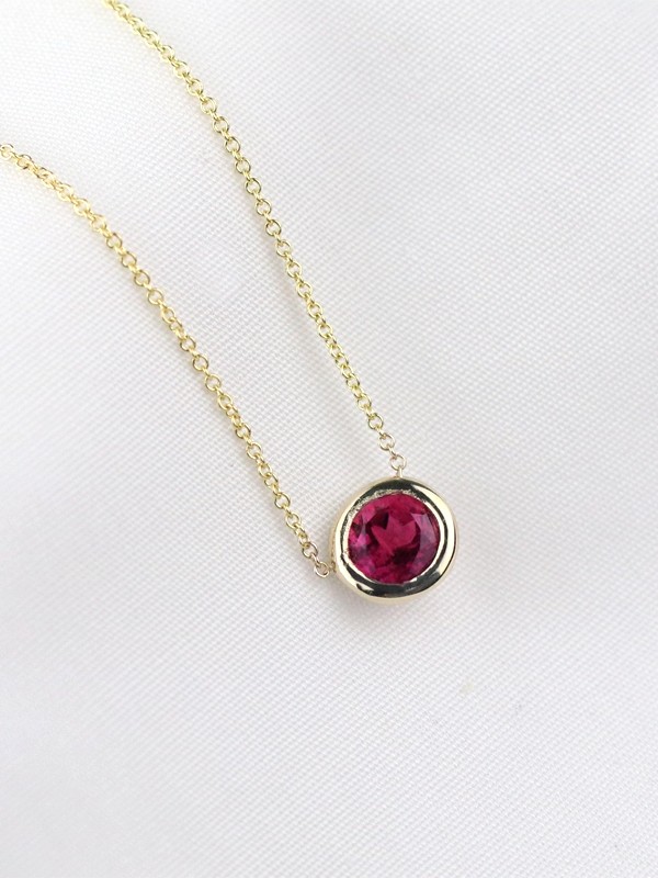Pink Tourmaline Solitaire Pendant <Bezel> Solid 14K Yellow Gold (14KY) Minimalist Chain Necklace 