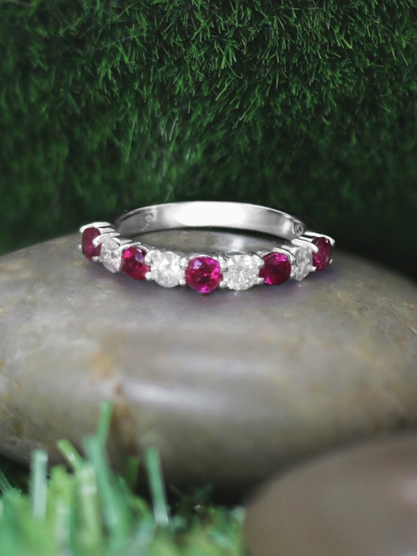 Ruby and Diamond Wedding Band <Prong> Solid 14K White Gold (14KW) Colored Stone Stackable Ring 
