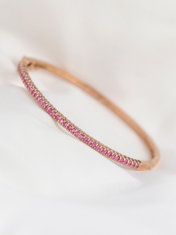 3MM Pink Sapphire Bangle <Prong> Solid 14K Rose Gold (14KR) Colored Stone Bracelet