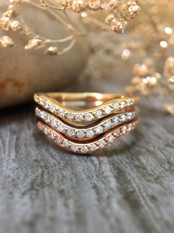 SET: Diamond Wavy Wedding Bands <Pave> Solid 14K Tri-Tone Gold (14KW, 14KY, 14KR) Stackable Wedding Rings