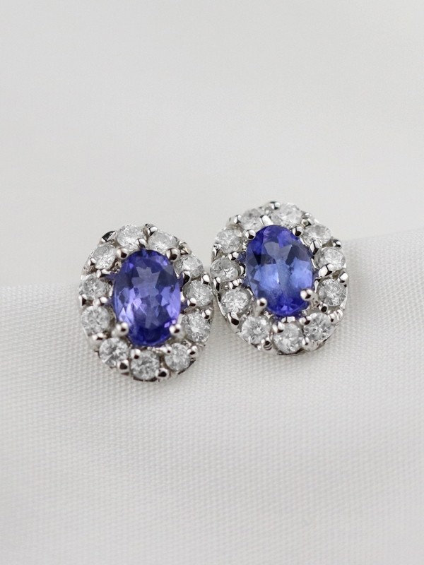 Tanzanite and Diamond Halo Stud <Prong> Solid 14K Rose Gold (14KR) Colored Stone Earrings 