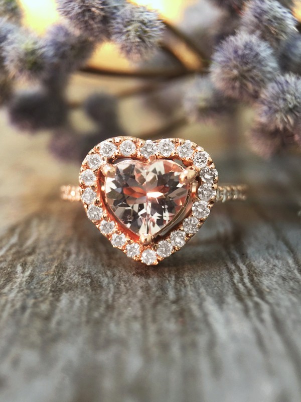 Heart Morganite and Diamond Engagement <Prong> Solid 14K Rose Gold (14KR) Colored Stone Wedding Ring 