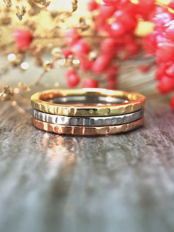 SET: Hammered Wedding Bands Solid 14K Tri-Tone Gold (14KW, 14KY, 14KR) Minimalist Stackable Engagement Rings