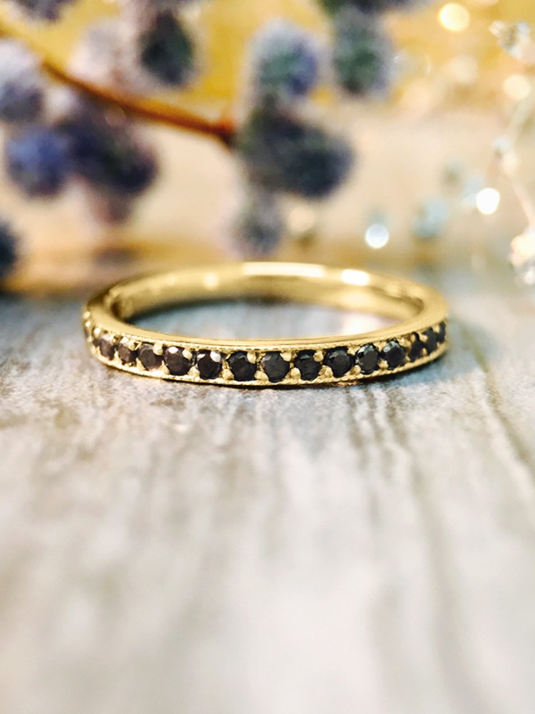 2MM Black Diamond Eternity Wedding Band <Prong> Solid 14K Yellow Gold (14KY) Edgy Stackable Engagement Ring
