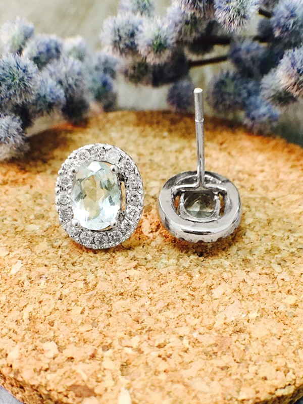 Aquamarine and Diamond Halo Stud Earrings 