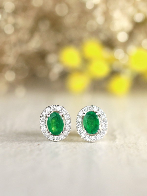 Emerald and Diamond Halo Stud <Prong> Solid 14K Rose Gold (14KR) Colored Stone Earrings