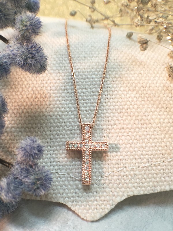 Cross Diamond Pendant <Pave> Solid 14K Rose Gold (14KR) with Bonus 14KR Chain Religious Necklace 