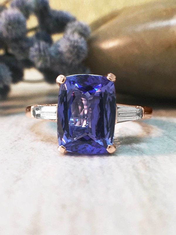 Tanzanite and Baguette Diamond Cocktail <Prong> Solid 14K Rose Gold (14KR) Colored Stone Estate Ring