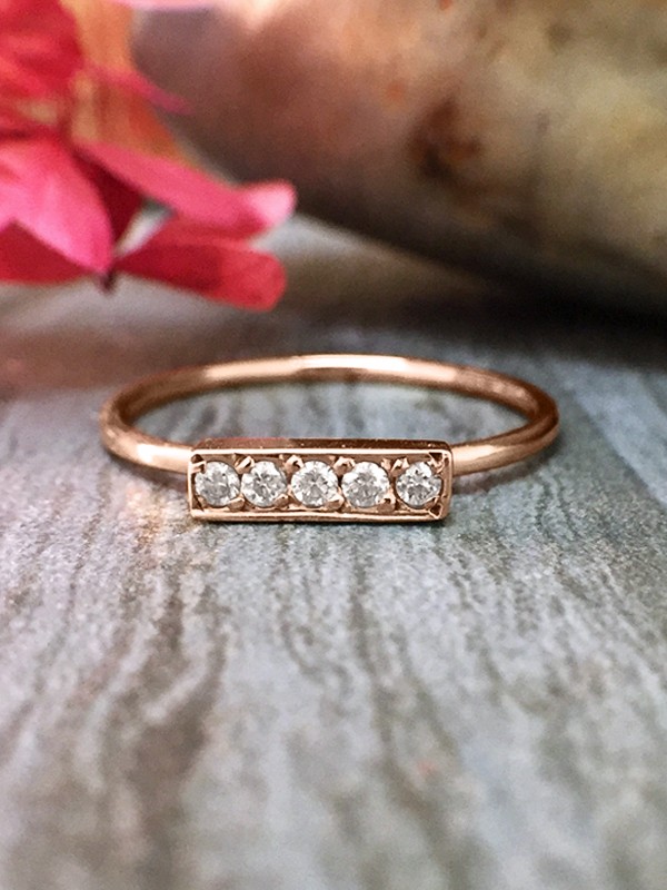 Diamond Bar <Pave> Solid 14K Rose Gold (14KR) Minimalist Stackable Ring 