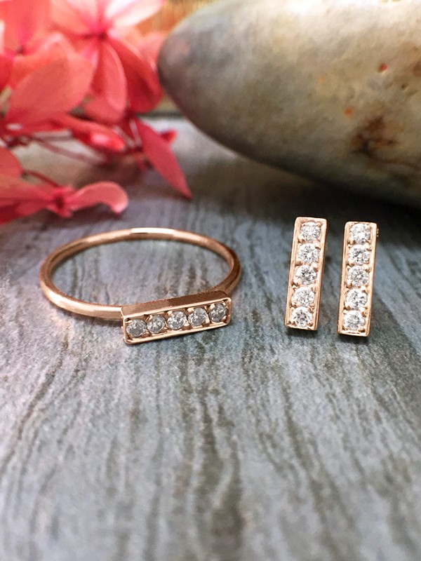 SET: Diamond Bar <Pave> Solid 14K Rose Gold (14KR) Minimalist Ring and Stud Earrings