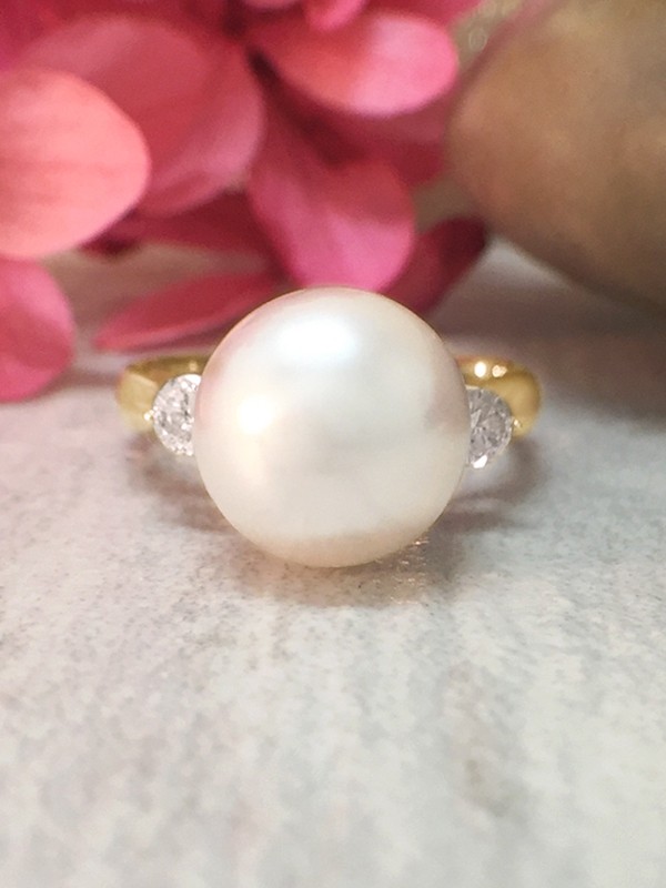 8MM Pearl and Diamond <Prong> Solid 14K Yellow Gold (14KY) Estate Ring 