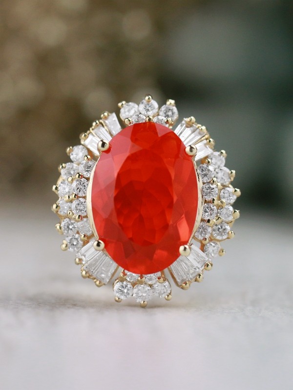 One-of-a-Kind | Fire Opal Ring | 4.31CT Fire Opal | 1.58CT Round Diamonds | Solid 14k Yellow Gold Ring | Estate Fine Jewelry | Free Shipping