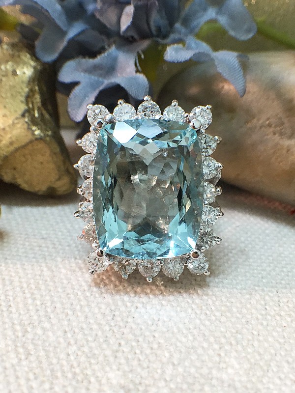 One-of-a-Kind | Aquamarine Ring | 11.91CT Aquamarine | 1.75CT Diamonds | Solid 14k White Gold Ring | Estate Fine Jewelry | Free Shipping