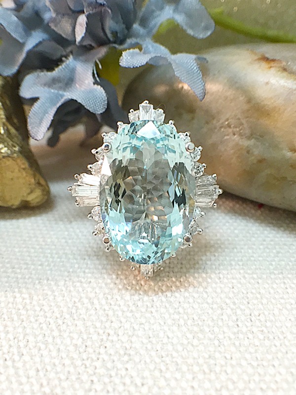 One-of-a-Kind | Aquamarine Ring | 11.57CT Aquamarine | 1.79CT Diamond | Solid 14k White Gold Ring | Estate Fine Jewelry | Free Shipping