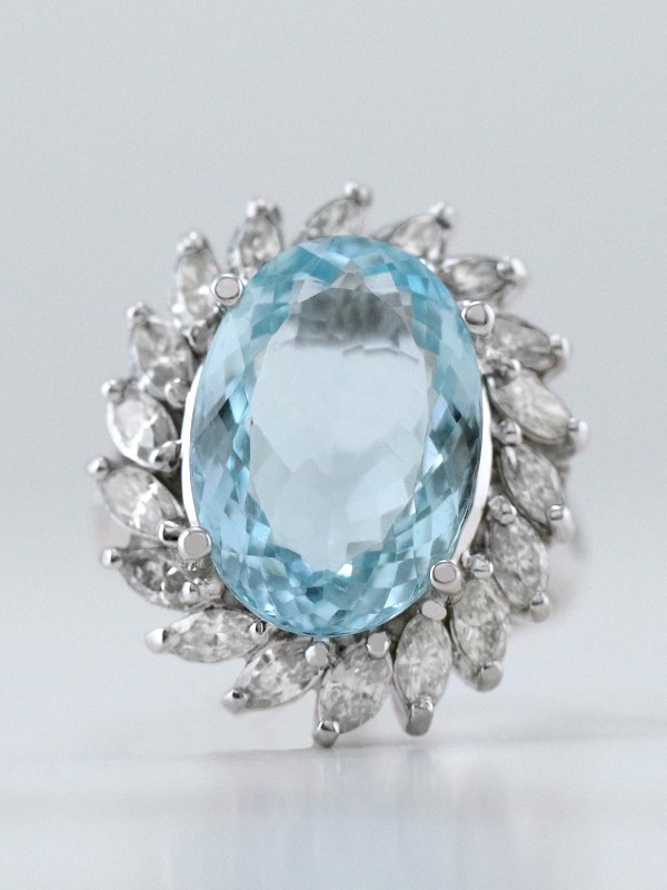 One-of-a-Kind 6.42CT Aquamarine and 1.30CT Marquise Diamond Solid 14KW Gold Cocktail Ring 